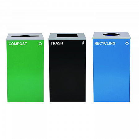 29 Gallon Trash/Recycling Cans, Steel, Blue Recycling Can w/Circle Lid, Green Compost w/Mixed Lid, Black Trash w/Square Lid (4450BLKKIT36)