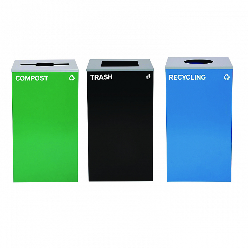 29 Gallon Trash/Recycling Cans, Steel, Blue Recycling Can w/Circle Lid, Green Compost w/Mixed Lid, Black Trash w/Square Lid (4450BLKKIT36)