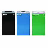 29 Gallon Trash/Recycling Cans, Steel, Blue Mixed Recycling w/Circle Lid, Green Compost w/Mixed Lid, Black Trash w/Square Lid (4450BLKKIT37)