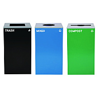 29 Gallon Trash/Recycling Cans, Steel, Blue Mixed Recycling w/Circle Lid, Green Compost w/Mixed Lid, Black Trash w/Square Lid (4450BLKKIT37)