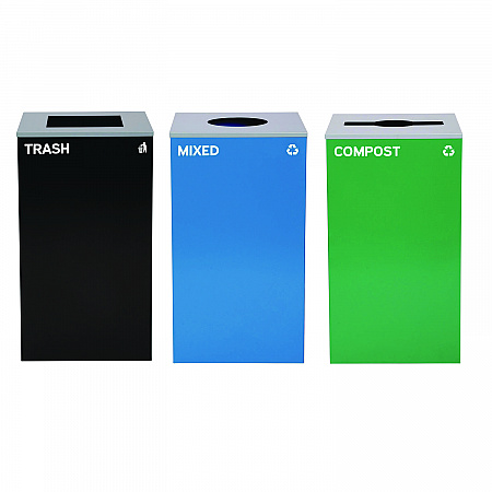 29 Gallon Trash/Recycling Cans, Steel, Blue Mixed Recycling w/Circle Lid, Green Compost w/Mixed Lid, Black Trash w/Square Lid (4450BLKKIT37)