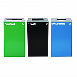 29 Gallon Trash/Recycling Cans, Steel, Blue Cans/Bottles Recycling w/Circle Lid, Green Compost w/Mixed Lid, BK Trash w/Sq Lid (4450BLKKIT38)