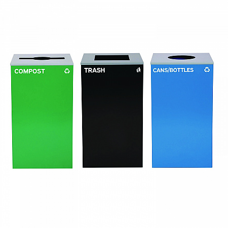 29 Gallon Trash/Recycling Cans, Steel, Blue Cans/Bottles Recycling w/Circle Lid, Green Compost w/Mixed Lid, BK Trash w/Sq Lid (4450BLKKIT38)