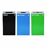 29 Gallon Trash/Recycling Cans, Steel, Blue Recycling Can w/Circle Lid, Green Recycling w/Mixed Lid, Black Trash w/Square Lid (4450BLKKIT39)