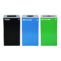 29 Gallon Trash/Recycling Cans, Steel, Blue Recycling Can w/Circle Lid, Green Recycling w/Mixed Lid, Black Trash w/Square Lid (4450BLKKIT39)
