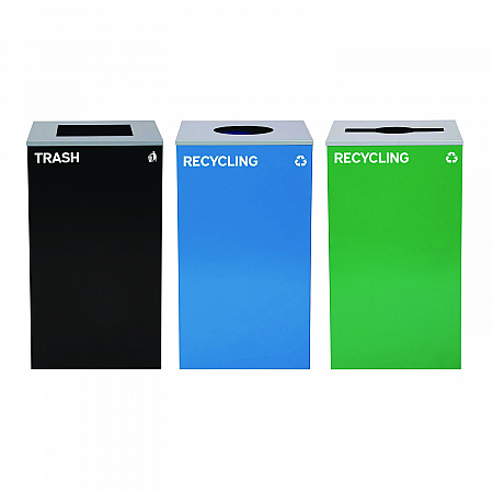 29 Gallon Trash/Recycling Cans, Steel, Blue Recycling Can w/Circle Lid, Green Recycling w/Mixed Lid, Black Trash w/Square Lid (4450BLKKIT39)