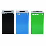 29 Gallon Trash/Recycling Cans, Steel, Blue Mixed Recycling w/Circle Lid, Green Recycling w/Mixed Lid, Black Trash w/Sq Lid (4450BLKKIT40)