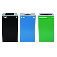 29 Gallon Trash/Recycling Cans, Steel, Blue Mixed Recycling w/Circle Lid, Green Recycling w/Mixed Lid, Black Trash w/Sq Lid (4450BLKKIT40)