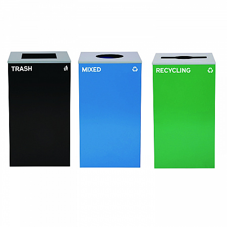 29 Gallon Trash/Recycling Cans, Steel, Blue Mixed Recycling w/Circle Lid, Green Recycling w/Mixed Lid, Black Trash w/Sq Lid (4450BLKKIT40)