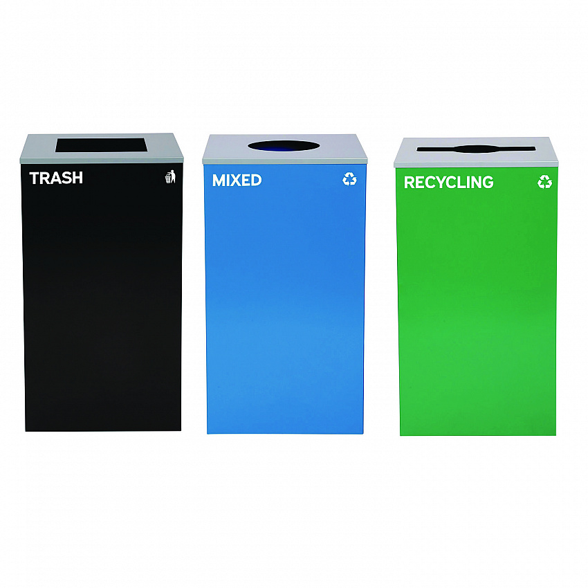 29 Gallon Trash/Recycling Cans, Steel, Blue Mixed Recycling w/Circle Lid, Green Recycling w/Mixed Lid, Black Trash w/Sq Lid (4450BLKKIT40)