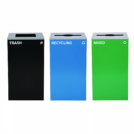 29 Gallon Trash/Recycling Cans, Steel, Blue Recycling and Green Mixed Recycling Can w/Mixed Lids, Black Trash Can w/Sq Lid (4450BLKKIT31)