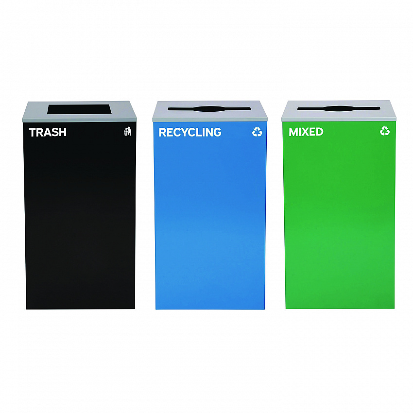 29 Gallon Trash/Recycling Cans, Steel, Blue Recycling and Green Mixed Recycling Can w/Mixed Lids, Black Trash Can w/Sq Lid (4450BLKKIT31)