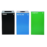 29 Gallon Trash/Recycling Cans, Steel, Blue Recycling Can w/Circle Lid, Green Compost Can and Black Trash Can w/Square Lids (4450BLKKIT32)