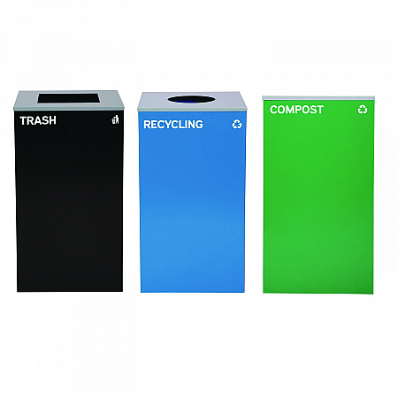 29 Gallon Trash/Recycling Cans, Steel, Blue Recycling Can w/Circle Lid, Green Compost Can and Black Trash Can w/Square Lids (4450BLKKIT32)
