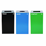 29 Gallon Trash/Recycling Cans, Steel, Blue Mixed Recycling Can w/Circle Lid, Green Compost and Black Trash Cans w/Sq Lids (4450BLKKIT33)