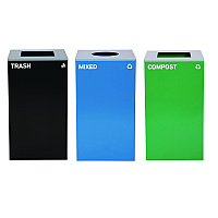 29 Gallon Trash/Recycling Cans, Steel, Blue Mixed Recycling Can w/Circle Lid, Green Compost and Black Trash Cans w/Sq Lids (4450BLKKIT33)