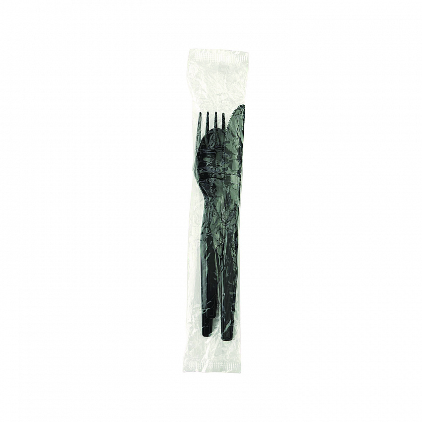 Individually Wrapped Heavyweight Cutlery Set, Fork/Knife/Spoon, Plastic, Black, 250/Carton (CH56C7)