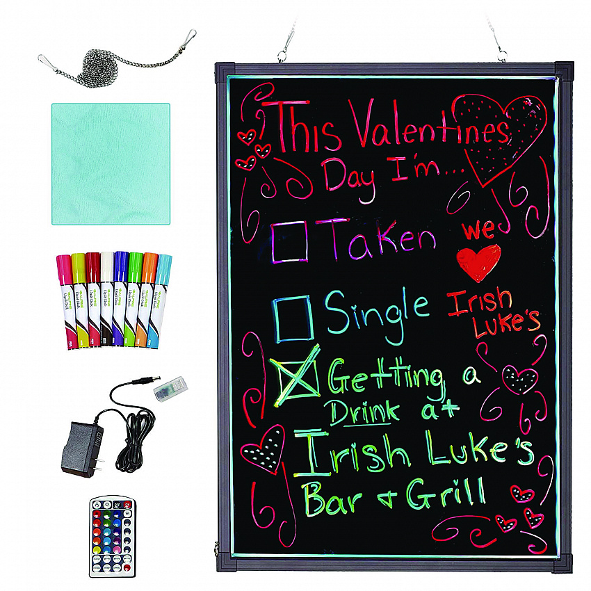 LED Illuminated Hanging Message Writing Board, Black 22" x 30" Surface, Black 23.6" x 31.5" Frame (ALP49504)