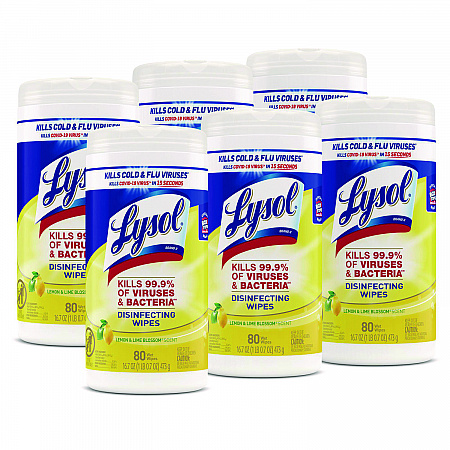 Disinfecting Wipes, 1 Ply, 7 x 7.25, Lemon and Lime Blossom, White, 80 Wipes/Canister, 6 Canisters/Carton (77182CT)