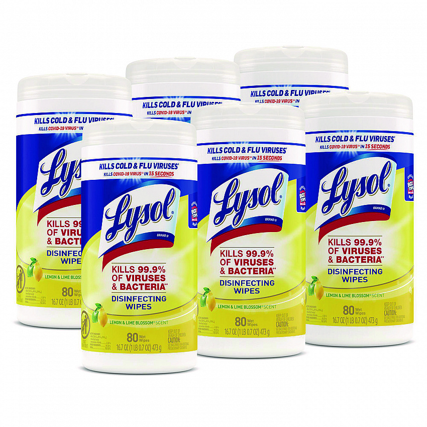 Disinfecting Wipes, 1 Ply, 7 x 7.25, Lemon and Lime Blossom, White, 80 Wipes/Canister, 6 Canisters/Carton (77182CT)