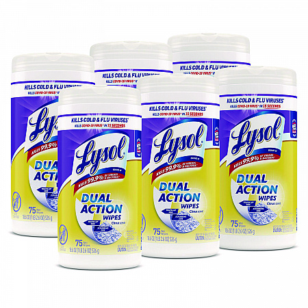 Dual Action Disinfecting Wipes, 1-Ply, 7 x 7.25, Citrus, White/Purple, 75/Canister, 6 Canisters/Carton (81700CT)