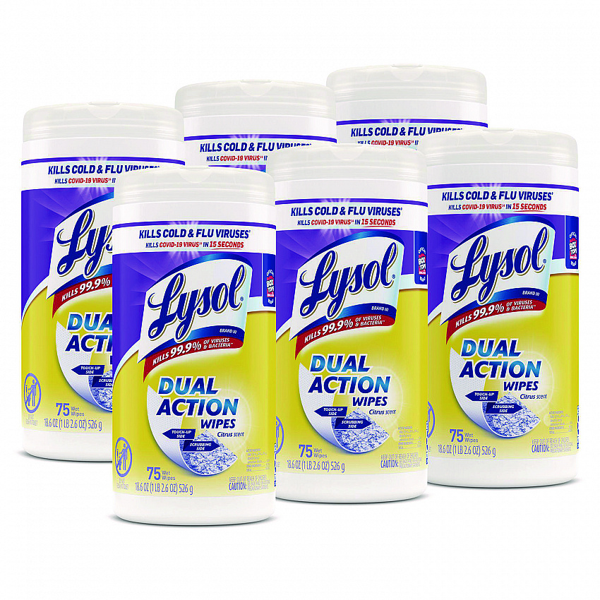 Dual Action Disinfecting Wipes, 1-Ply, 7 x 7.25, Citrus, White/Purple, 75/Canister, 6 Canisters/Carton (81700CT)