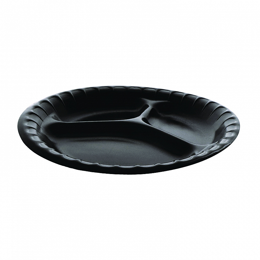 Placesetter Deluxe Laminated Foam Dinnerware, 3-Compartment Plate, 9" dia, Black, 200/Carton (YCI81113)