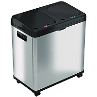 Dual Compartment Sensor Recycle Bin and Trash Can with Wheels, 16 gal, Plastic/Stainless Steel, Silver/Black (HLS16DCSS)