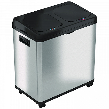 Dual Compartment Sensor Recycle Bin and Trash Can with Wheels, 16 gal, Plastic/Stainless Steel, Silver/Black (HLS16DCSS)