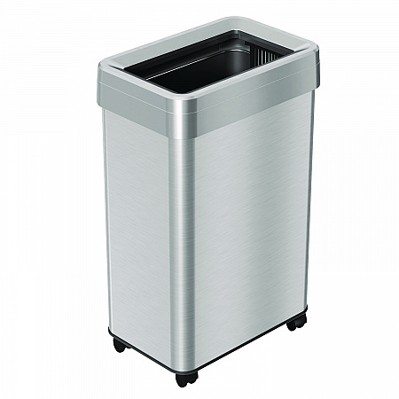 Open Top Trash Can with Wheels, Rectangular, 16 gal, Plastic/Stainless Steel, Silver (HLS16UOTM)