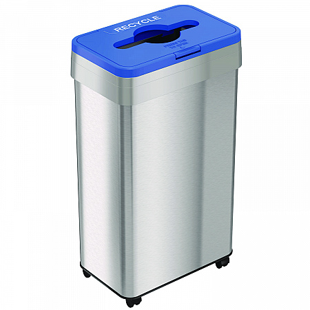Open Top Recycling Bin with Wheels and Color-Coded Lid, 21 gal, Plastic/Stainless Steel, Silver/Blue (HLS21UOTMREC)
