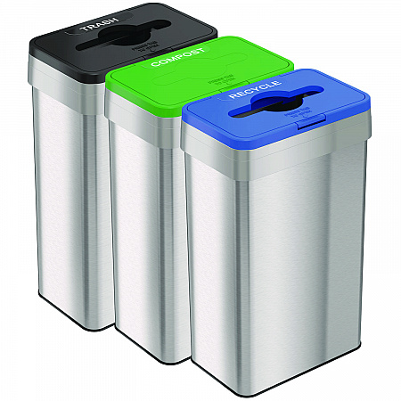 Open Top Trash Can/Recycle Bin/Compost Bin w/Color-Coded Lids Set, 21 gal, Plastic/Stainless Steel, Silver/Black/Blue/Green (HLS21UOTTRIO)
