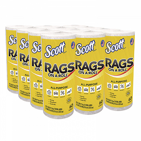 Rags On A Roll, 1-Ply, 9.4 x 11, White, 60/Roll, 12 Rolls/Carton (54992)