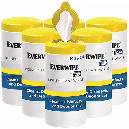 Everwipe by Tork Disinfectant Wipe Canisters, 1-Ply, 7 x 7, Lemon, White, 75 Sheets/Canister, 6/Carton (192820)