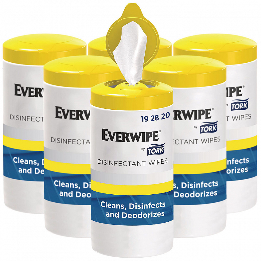 Everwipe by Tork Disinfectant Wipe Canisters, 1-Ply, 7 x 7, Lemon, White, 75 Sheets/Canister, 6/Carton (192820)