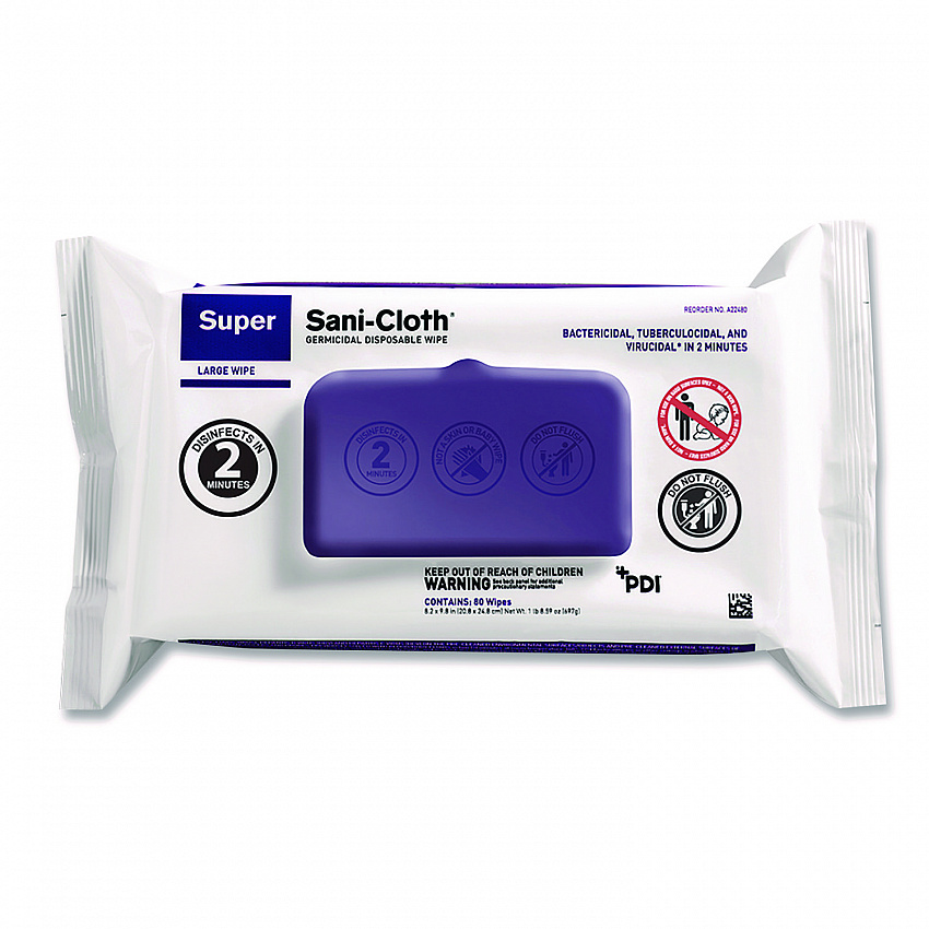 Super Sani-Cloth Germicidal Disposable Wipes, Large, 1-Ply, 8.2 x 9.8, Unscented, White, 80/Pack (A22480)
