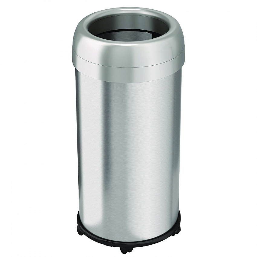 Open Top Trash Can with Wheels, Round, 16 gal, Plastic/Stainless Steel, Silver (HLS16STRM)