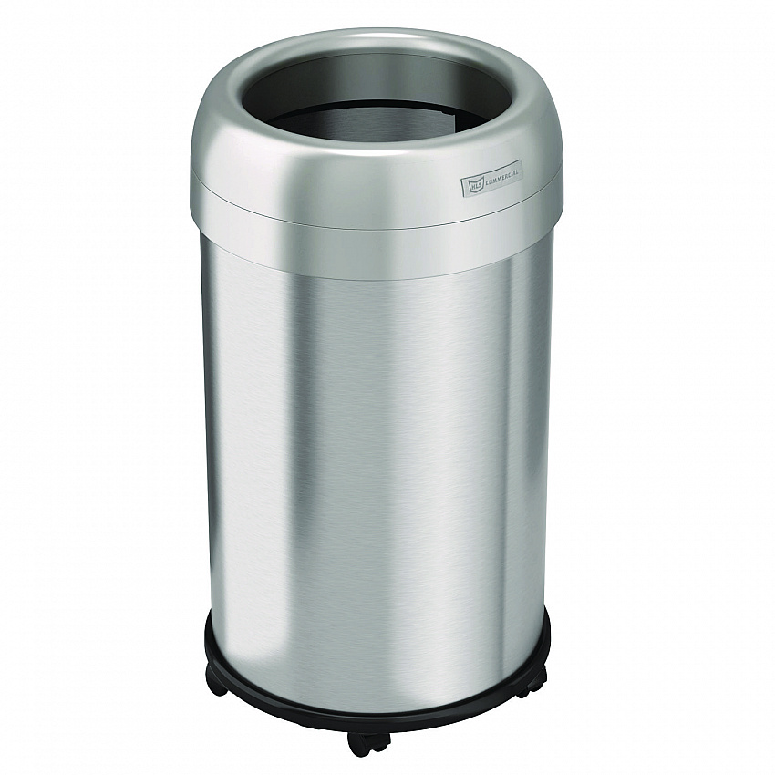 Open Top Trash Can with Wheels, Round, 13 gal, Plastic/Stainless Steel, Silver (HLS13STRM)