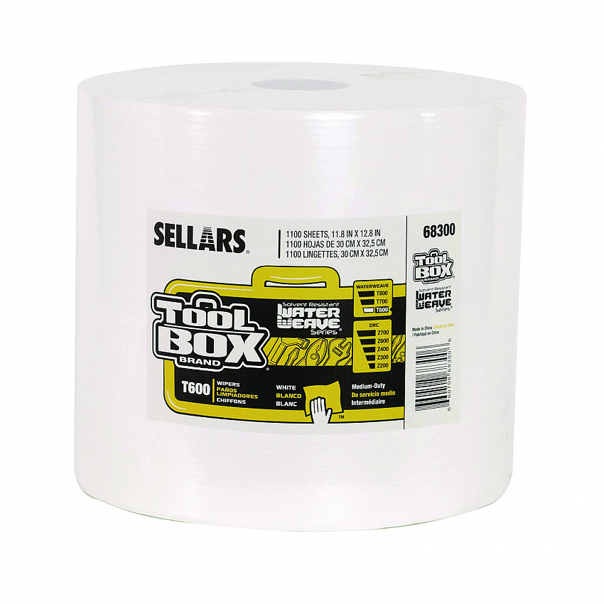 TOOLBOX WaterWeave T600 Wipers, 1-Ply, 11.8 x 12.8, White, 1,100 Sheets/Roll (68300)