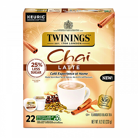 Tea K-Cups, Chai Tea with Non-Fat Milk and Sweetener, 25% Less Sugar, 0.53 oz K-Cups, 22/Box (11007)