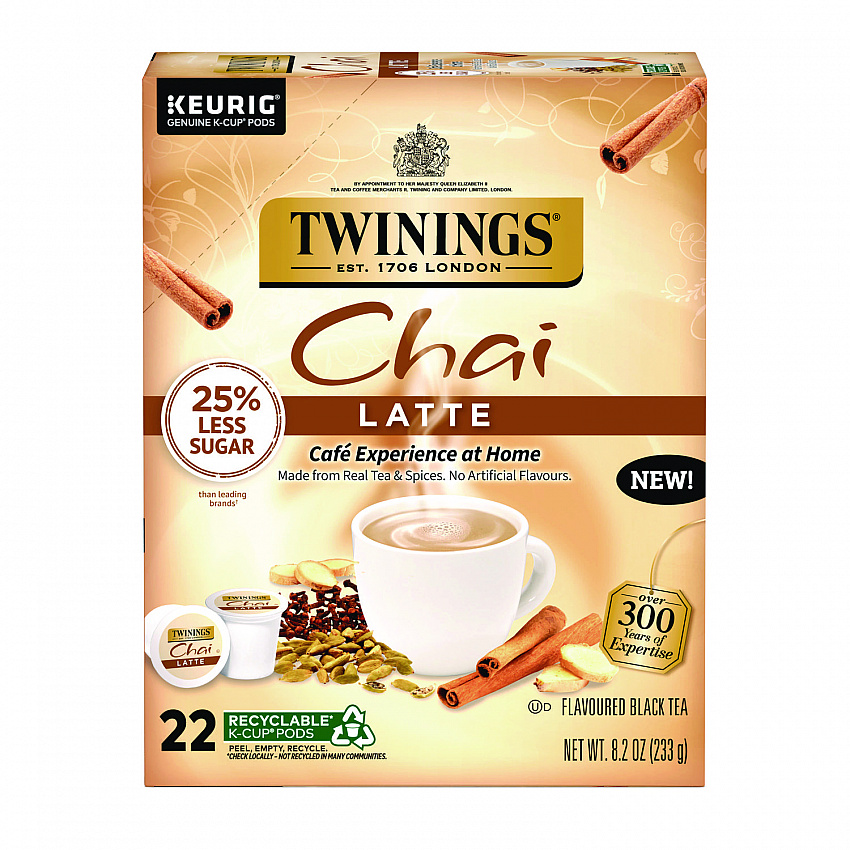 Tea K-Cups, Chai Tea with Non-Fat Milk and Sweetener, 25% Less Sugar, 0.53 oz K-Cups, 22/Box (11007)