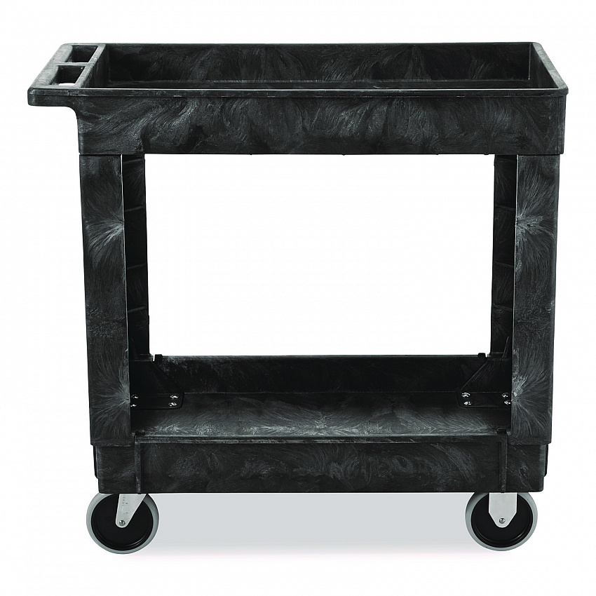 Heavy-Duty Flat-Handle Maintenance/Utility Cart, Plastic, 2 Shelves, 500 lb Capacity, 34.13" x 17.38" x 32.38", Black (9T6600BLA)