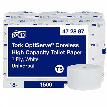 OptiServe High-Capacity Coreless Toilet Paper, 2-Ply, White, 1,500 Sheets/Roll, 18 Rolls/Carton (472887)