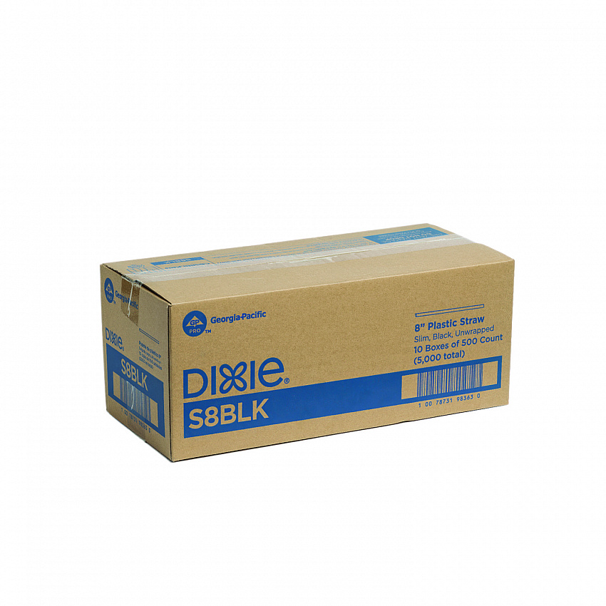 Slim Unwrapped Plastic Straws, 8", Plastic, Black, 500/Box, 10 Boxes/Carton (S8BLK)