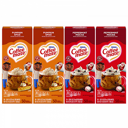 Liquid Coffee Creamer, Peppermint Mocha/Pumpkin Spice, 0.38 oz Mini Cups, 50/Pack, 4 Packs/Carton (70000095)