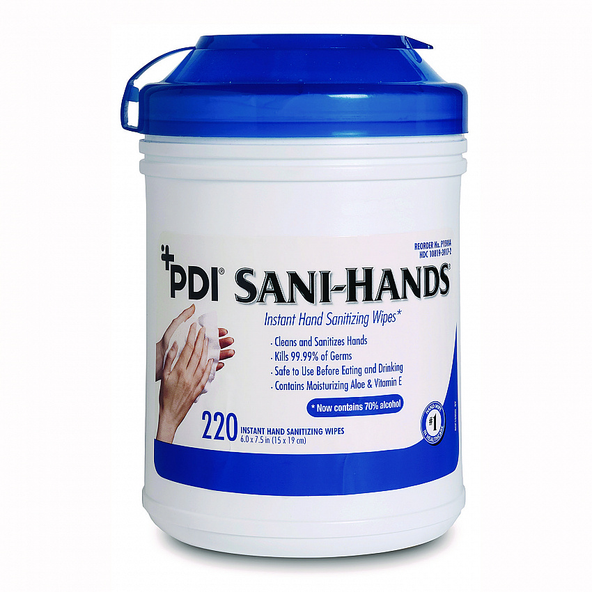 PDI Sani-Hands Instant Hand Sanitizing Wipes, 7.5 x 6, Unscented, White, 220/Canister, 6 Canisters/Carton (NPKP15984)