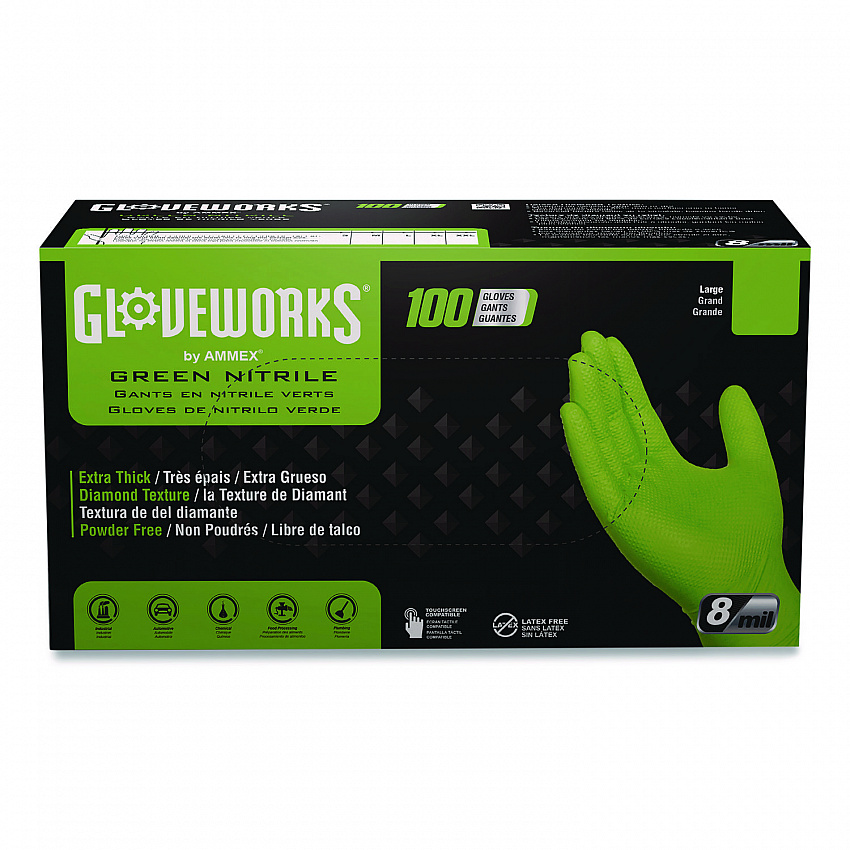 Heavy-Duty Industrial Nitrile Gloves, Powder-Free, XX-Large, 8 mil Thick, 9.5" Long, Green, 100/Box, 10 Boxes/Carton (GWGN49100CT)