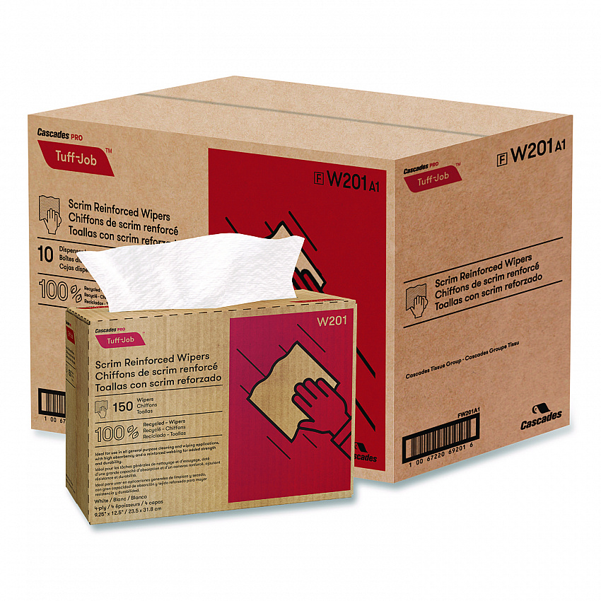 Tuff-Job Scrim Reinforced Wipers, 4-Ply, 9.25 x 12.5, White, 150/Box, 10 Boxes/Carton (W201)