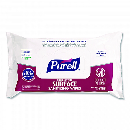 Foodservice Surface Sanitizing Wipes, 1-Ply, 7.4 x 9, Fragrance Free, White, 72 Wipes/Resealable Pack (937112)
