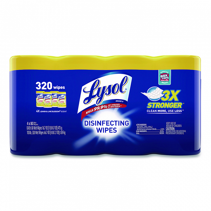 Disinfecting Wipes, 1-Ply, 7 x 7.25, Lemon and Lime Blossom, White, 80 Wipes/Canister, 4 Canisters/Pack (1920090641)